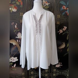 Joseph Ribkoff White Long-Sleeve Blouse with Silver Studded Trim